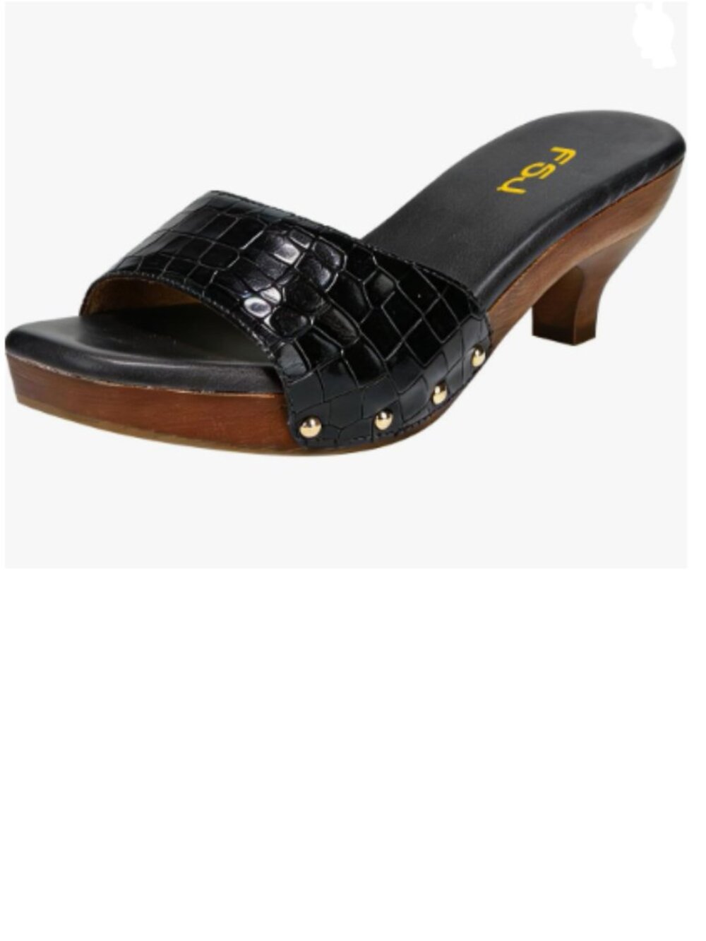 FSJ Black Open Toe Medium Heel Wooden Sole Studs Crocodile Texture Leather Mules
